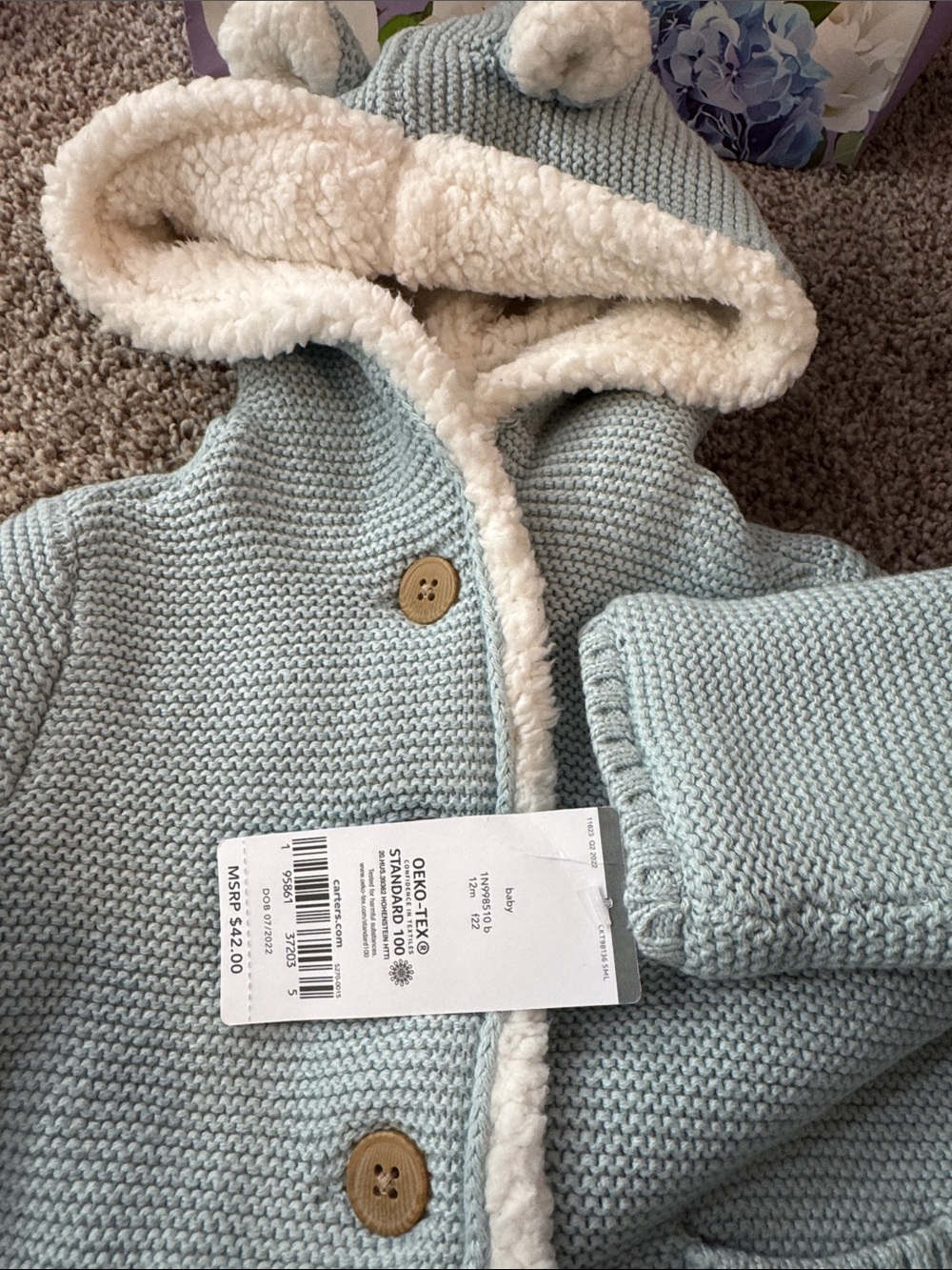 Carter's Light Blue Knit Hooded Coat with Sherpa Trim